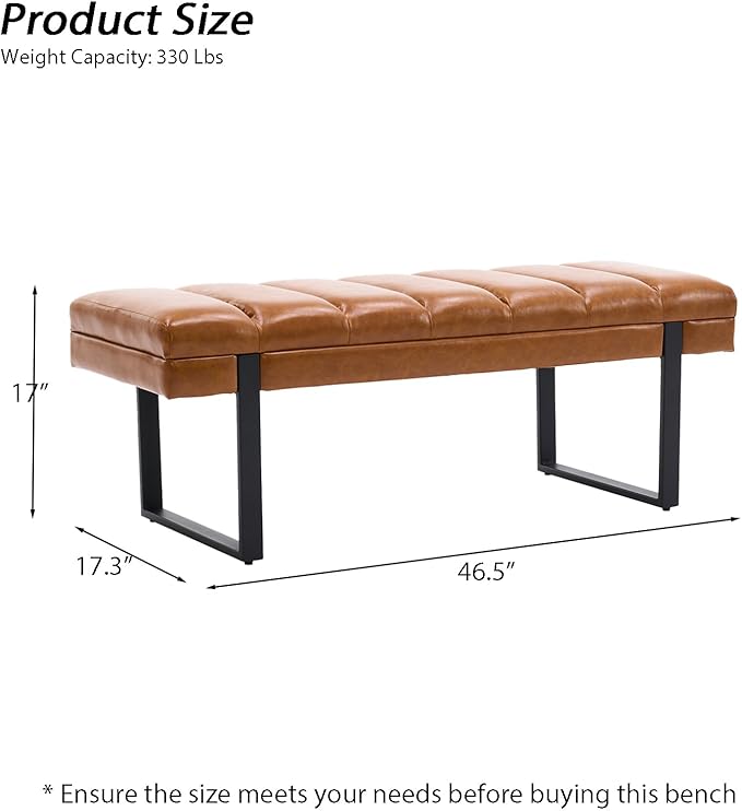 AIITTCC Faux Leather Ottoman Bench, Tufted Padded End of Bed Bench with Metal Legs, Upholstered Shoe Bench for Bedroom Living Room Entryway Window (Camel Brown, 46" Wide)