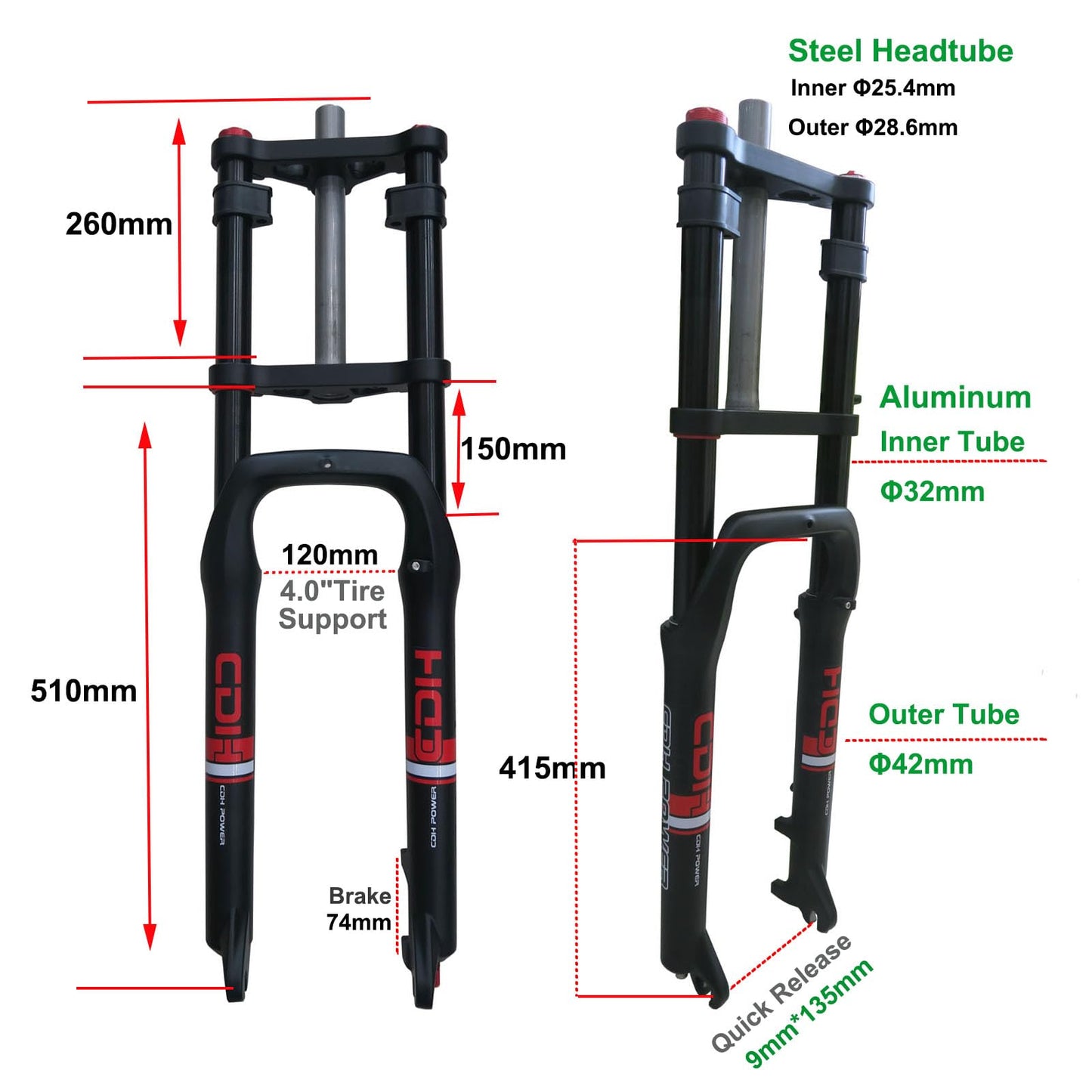 AUTES 26"X4.0" Bicycle Fork Air Suspension Fat Tire Bike Fork, Spacing Hub 135mm 1 1/8 Straight Tube MTB Manual Lockout 9mm QR Mountain Bike Electric Bike Front Forks(26"×4")