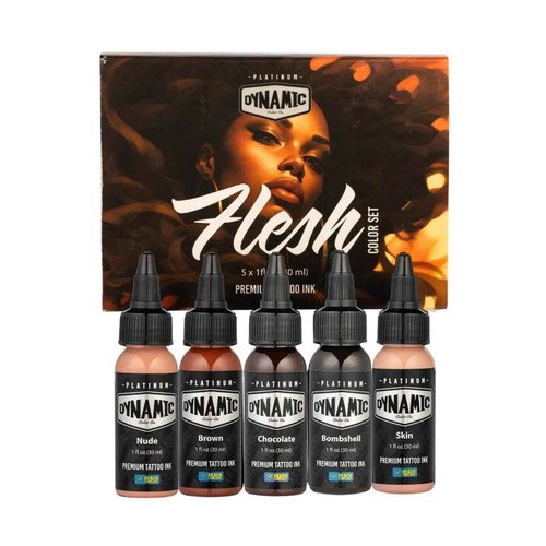 Dynamic Color Co- Tattoo Ink Set: Flesh Tones - Explore Precision with 5 Natural Shades (1 oz Each) from The Platinum Collection. Reach Compliant, Crafted in Spain.