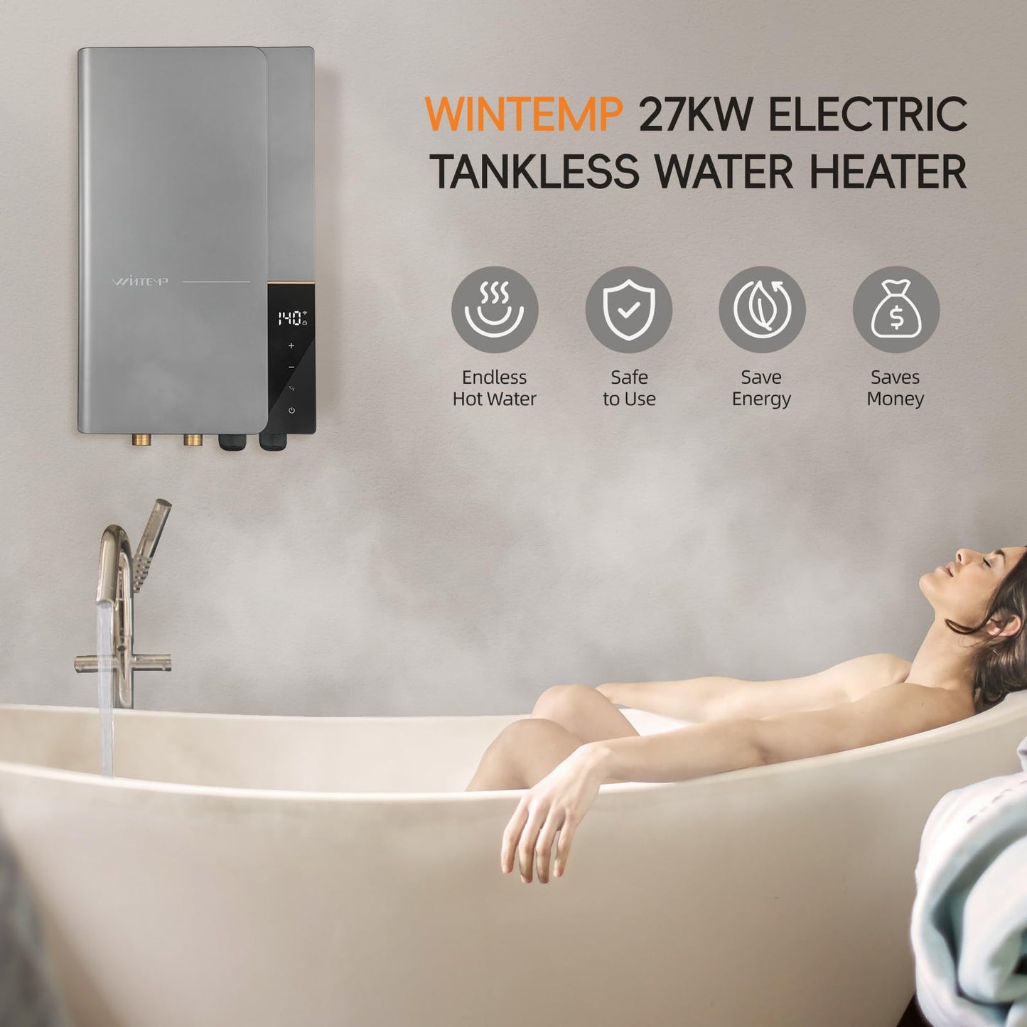 WINTEMP Tankless Water Heater Electric 27kW 240V, Whole House Instant Hot Water, Up to 6.3 GPM, Digital Self-Regulating System, Space-Saving Wall Mount, ETL Certified