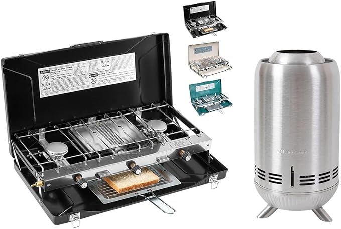 Camping Stove 3 Burner 20400 BTU Propane Portable Stove with 6.4 * 12IN Smokeless Tabletop Fire Pit with Stand