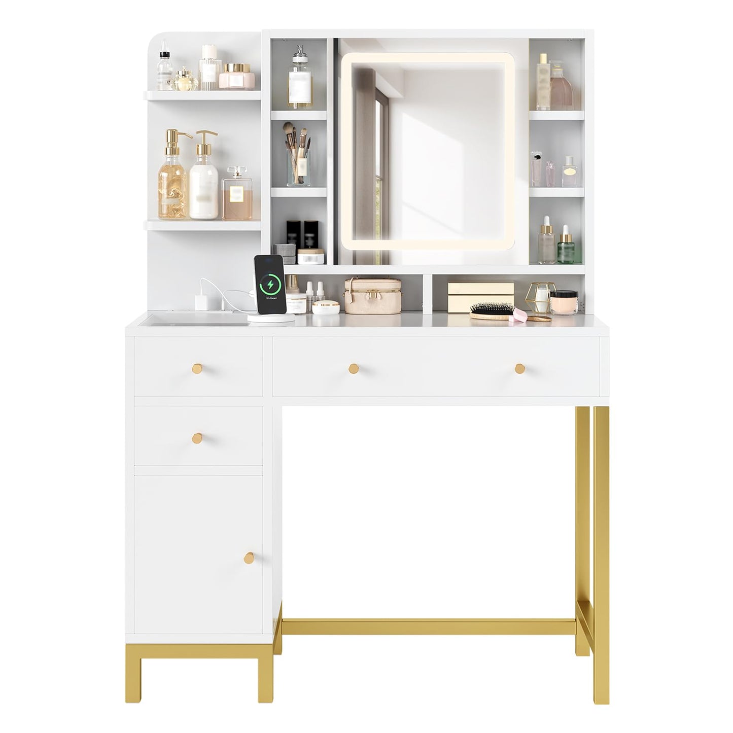 PeacefulHues White Vanity Desk with Mirror and Lights, Makeup Desk Dressing Table with LED Lighted Mirror & Power Outlet,3 Lighting Color for Bedroom