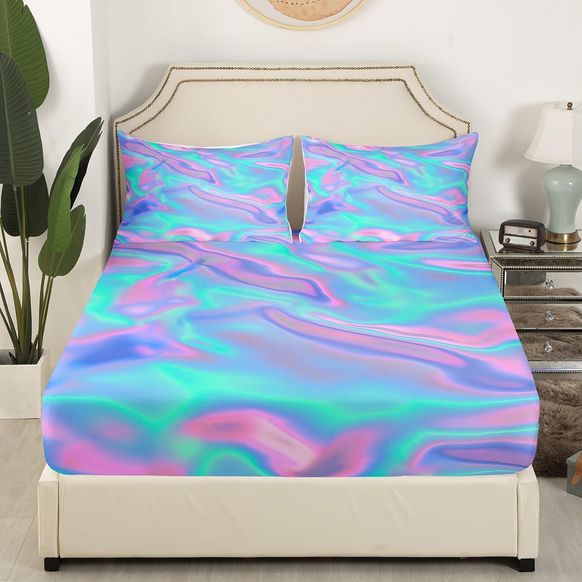 Tie Dye Bed Sheets Queen, Colorful Print Sheet Set, Psychedelic Luxury Soft Lightweight Bedding Set, Green Purple Home Decor Fitted Sheet with Deep Pocket, 1 Flat Sheet, 1 Fitted Sheet, 2 Pillowcases