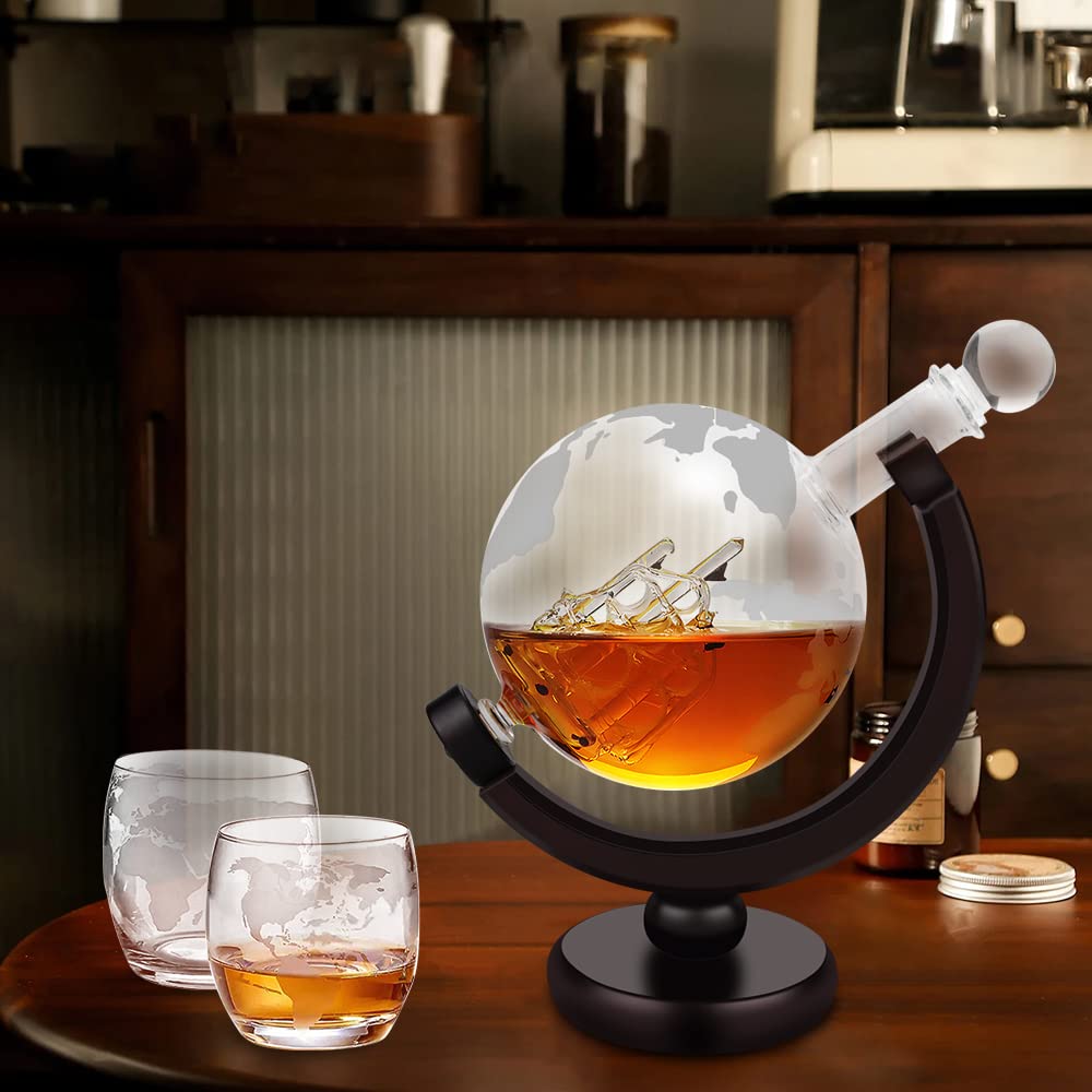 BLOCE Whiskey Decanter Sets for Men with Glasses, Etched World Globe Whiskey Gifts for Dad with 2 Glasses, 4 Ice Cubes Set, Dad Birthday Gift for All Kinds of Alcohol Drinks and Vodka