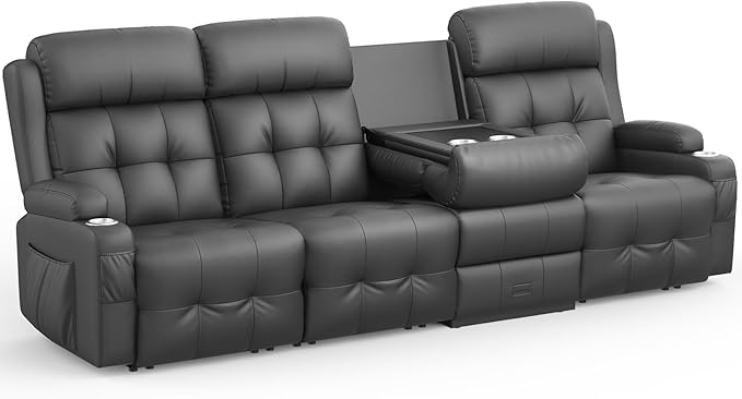 Aotolo Recliner Sofa, Massage Reclining Sofa 4 Seater Sets Heavy Weight Capacity, RV Loveseat Couch Clearance with Flip Back Console, Storage, Cup Holders, Wall Hugger Reclining Couch for Living Room