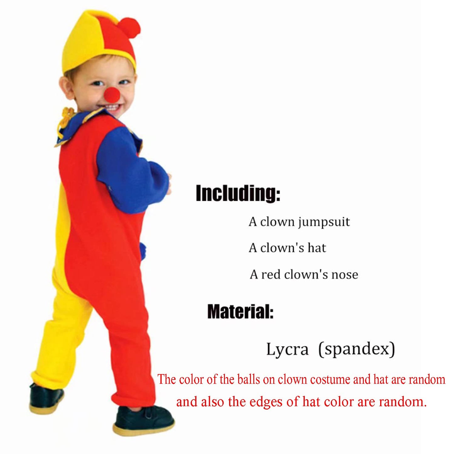 QIAONIUNIU Halloween Kids Clown Costume - Toddlers Dress Up with Clown Nose and Hat, 3-5 Years Old
