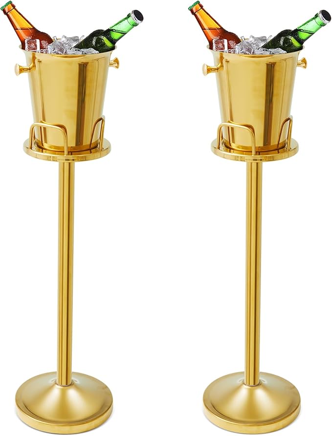 Lallisa 2 Pieces Wine Ice Bucket with Stand Stainless Steel Standing Champagne Ice Bucket Cube Container on Stand for Beer...
