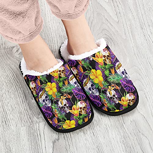 visesunny Skull Tropical Exotic Flower Cozy Fuzzy Womens Memory Foam House Slippers Plush Fleece Indoor Outdoor Slipper