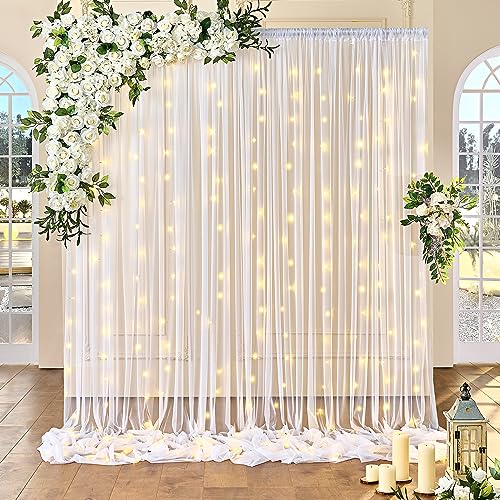10FT x 7FT White Sheer Curtains with Lights String Tulle Curtain for Living Room Bedroom Parites Wedding Birthday Decorati...