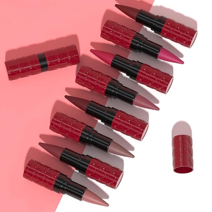 evpct Dark Red Gradient Matte Lipstick Lip Liner Combo Set for Older Women Long Lasting Waterproof, Red Dark Lips Stick Crayon Pencil Cream Lip Liner and Lipstick Combo Makeup, Flawless Ombre Effect