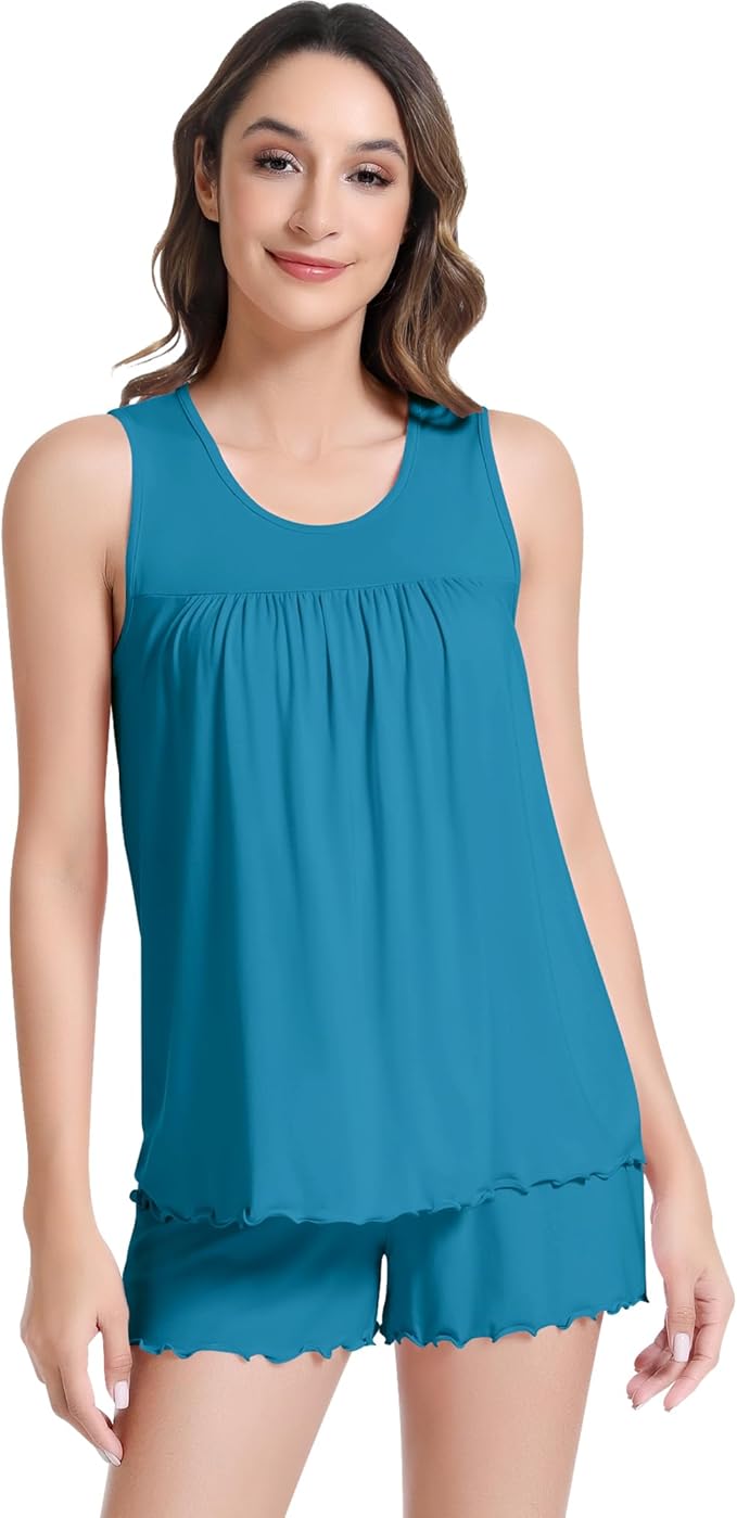 NACHILA Pajamas for Women-Viscose from Bamboo, Ribbed Racerback Tank Top Sexy Split Shorts Pajama Sets Cooling Sleep Cami Pjs