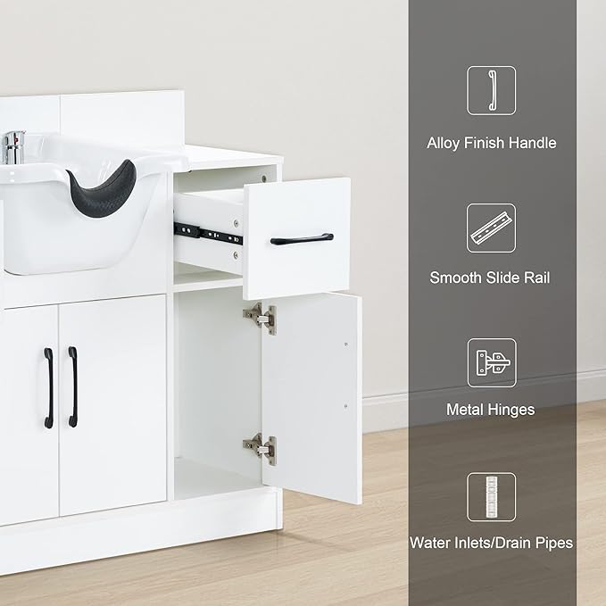 BarberPub Multi-Functional Shampoo Backwash Sink Station with Shampoo Bowl for Hair Stylist, Salon Spa Beauty Cabinet with Faucet Sprayer, Barber Storage Equipment 7139 (White)