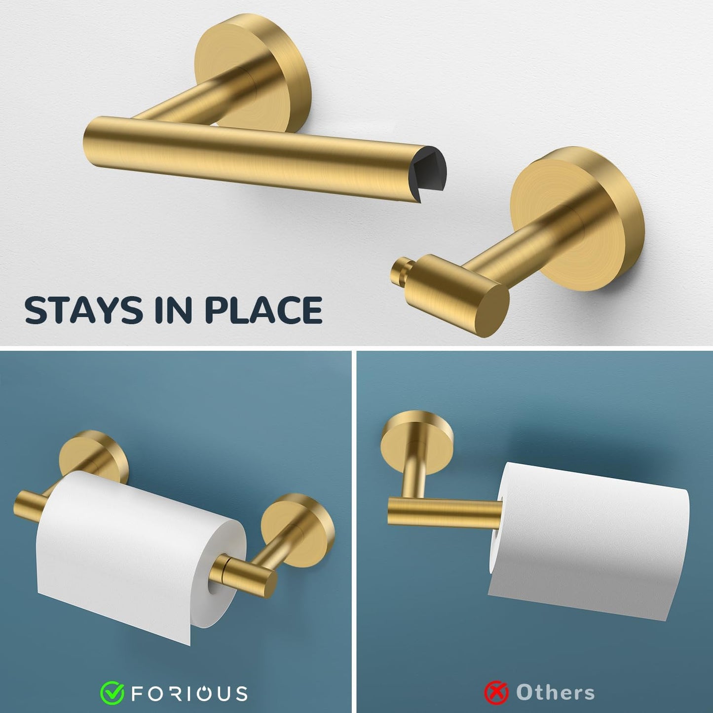 FORIOUS Toilet Paper Holder Wall Mount, SUS304 Stainless Steel Double Post Pivoting Tissue Roll Holder and Hand Towel Ring Set for Bathroom, RV, Bathroom Hardware Accessories Set, Brushed Gold