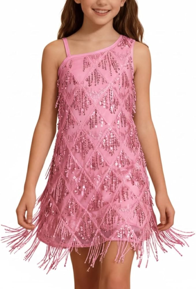 WELAKEN Girls One Shoulder Sequin Fringe Flapper Dress with Side Zipper