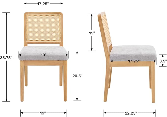 LukeAlon Set of 2 Dining Chairs Mid Century Modern with Woven Cane Back, Soft Chenille Upholstered Seat, Solid Wood Legs for Kitchen, Dining Room, Breakfast Nook, Farmhouse Style, Grey