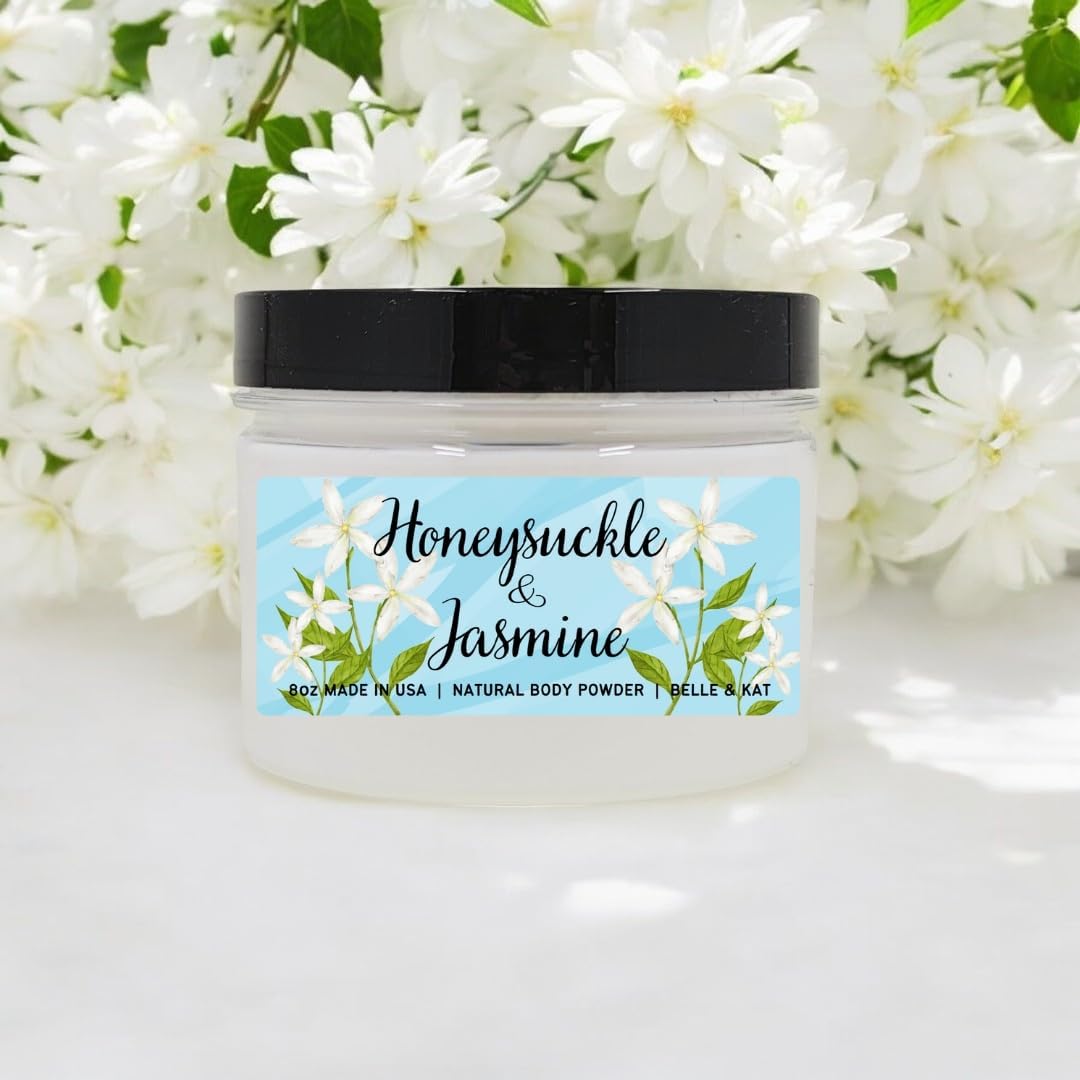 Honeysuckle Jasmine Scented Body Powder for Men & Women, Bath Perfume Dusting Powder with Fragrance & Essential Oils, Talc Free 8oz Container, Made in USA