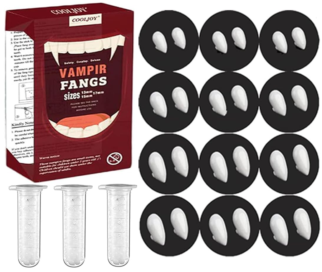 COOLJOY 12 Pairs Vampire Teeth Fangs 4 Size with Adhesive Halloween Party Cosplay Props Horror Fake Teeth Props Party Favors Masquerade Costume Accessories Gift