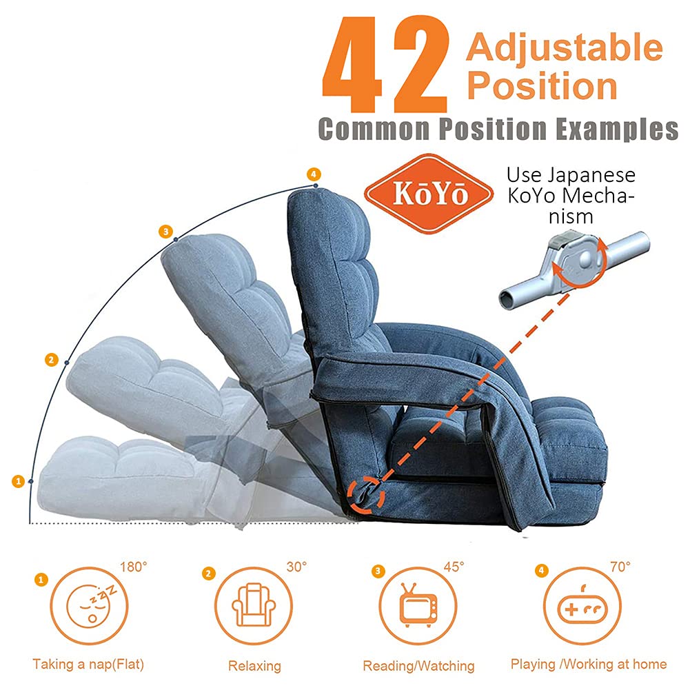 FLOGUOR 14-Position Adjustable Floor Chair, Chaise Lounge Indoor, Folding Lazy Sofa with Armrests and a Pillow Padded Adults Gaming Chairs for Living Room, Bedroom Factory Price (Blue) 8803BL