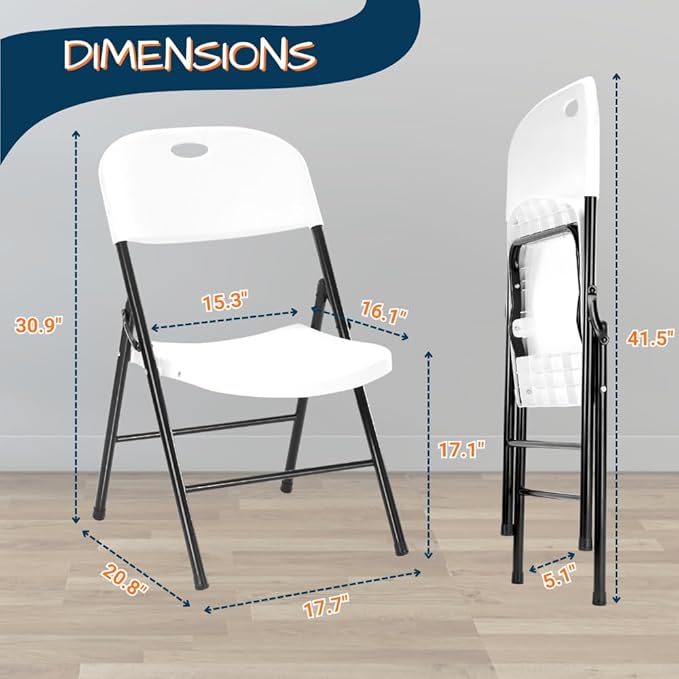 EZONE (4pcs Heavy Duty Plastic Foldable Chair for Adults, Portable Outdoor Seating for Wedding, Event, Party, Backyard, Patio, or Dining Use, Comfortable Stackable Design (White, 4 Pack)