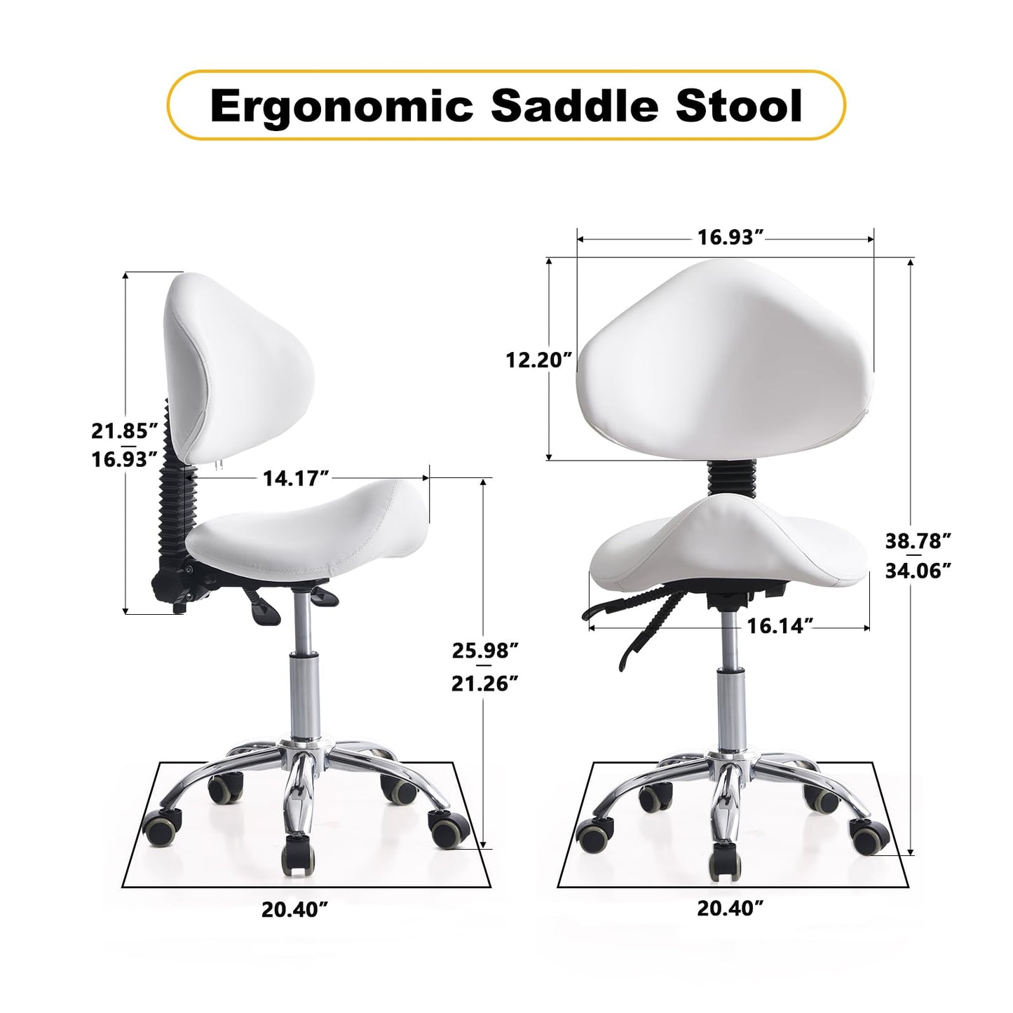 CAISHI Saddle Stool Chair Rolling with Back Esthetician Chair for Nail Tech Dental Tattoo Artist Eyelash Hairdresser Hairstylist Medical Shop Ergonomic Stool Adjustable Hydraulic White