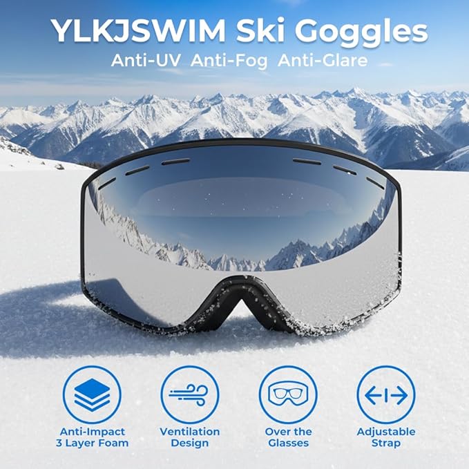 Ski Goggles for Men Women, OTG Snow Goggles, UV Protection Snowboard Goggles for Adult & Youth, Snowmobile, Sledding