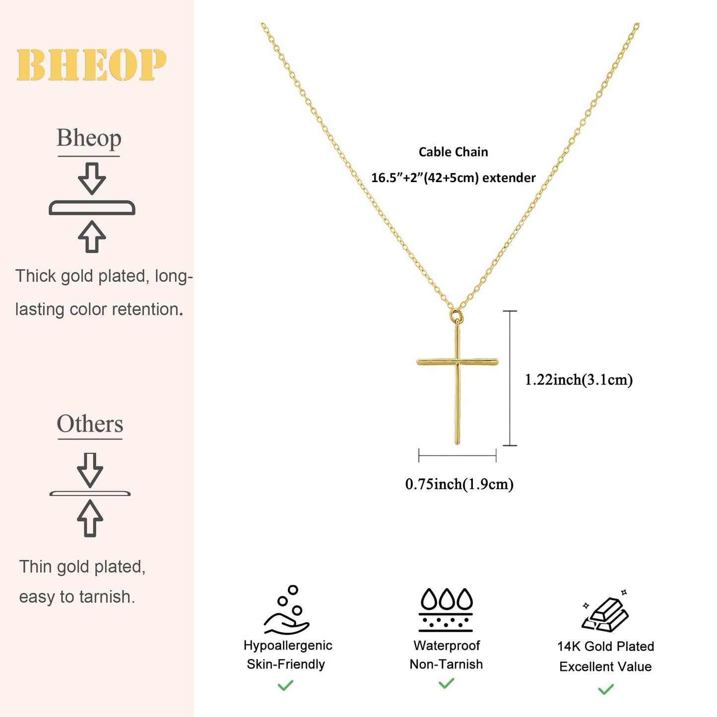 Bheop Cross Necklace for Women Trendy Simple 14K Gold Plated Dainty Thin Handmade Cross Pendant Charm Necklaces Cute Religious D