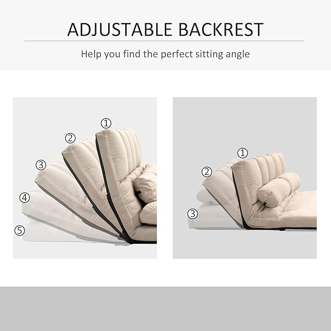 HOMCOM Convertible Floor Sofa Chair, Folding Couch Bed, Guest Chaise Lounge with 2 Pillows, Adjustable Backrest and Headrest, 51.25" L, Beige