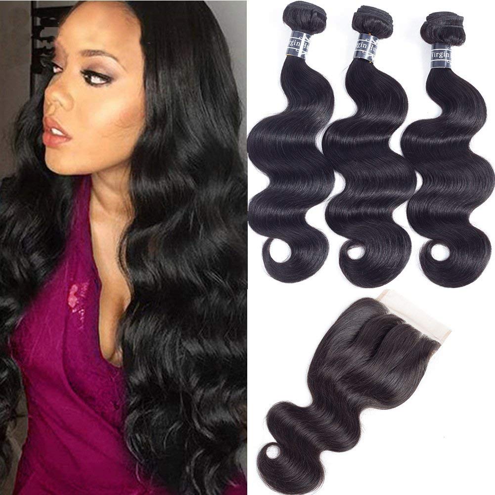 Amella Hair 8A Grade Brazilian Virgin Hair Body Wave 3 Bundles with Closure (14 16 18+14Closure,Three Part) 100% Unprocessed Bra