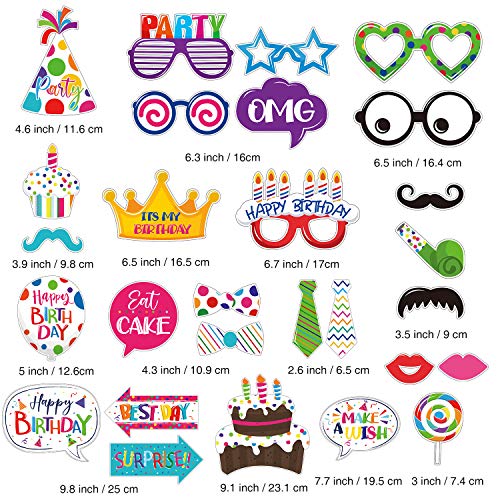 29 Pieces Birthday Photo Booth Props Kit Colorful Funny Kids Birthday Theme Table Centerpiece Craft Cutouts with Glue Poin...