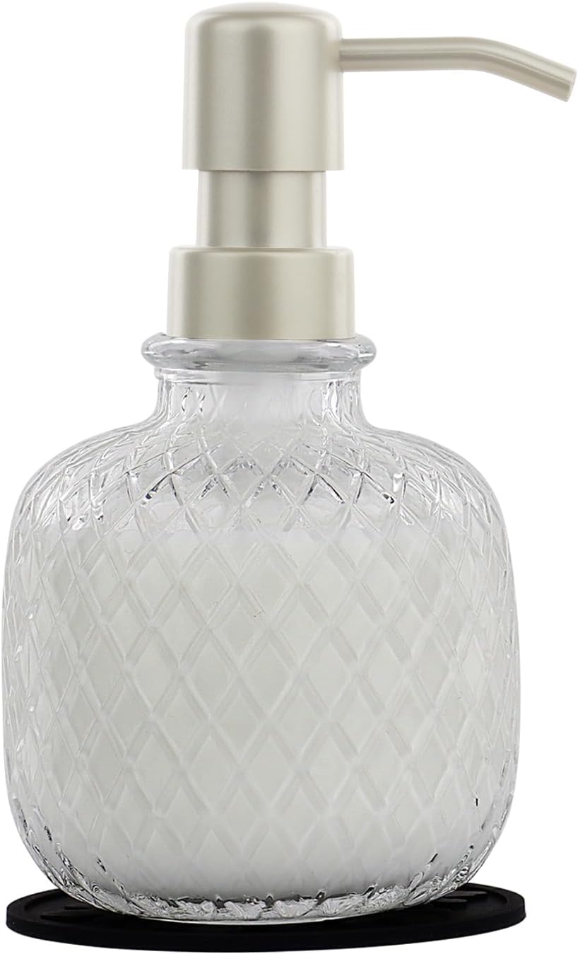 Soap Dispensers with Silicone Mat, for Kitchen and Bathroom Contertop Wash Hand Liquid, Dish Detergent, Farmhouse Style Shampoo Lotion Pump (1, Clear Glass with Champagne, 3-1/2" x 3-1/2" x 6-1/4")