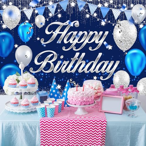 MDCGFOD Happy Birthday Banner - Birthday Decorations for Men Women Boys Girls Blue Sliver Birthday Party Banners Welcome H...
