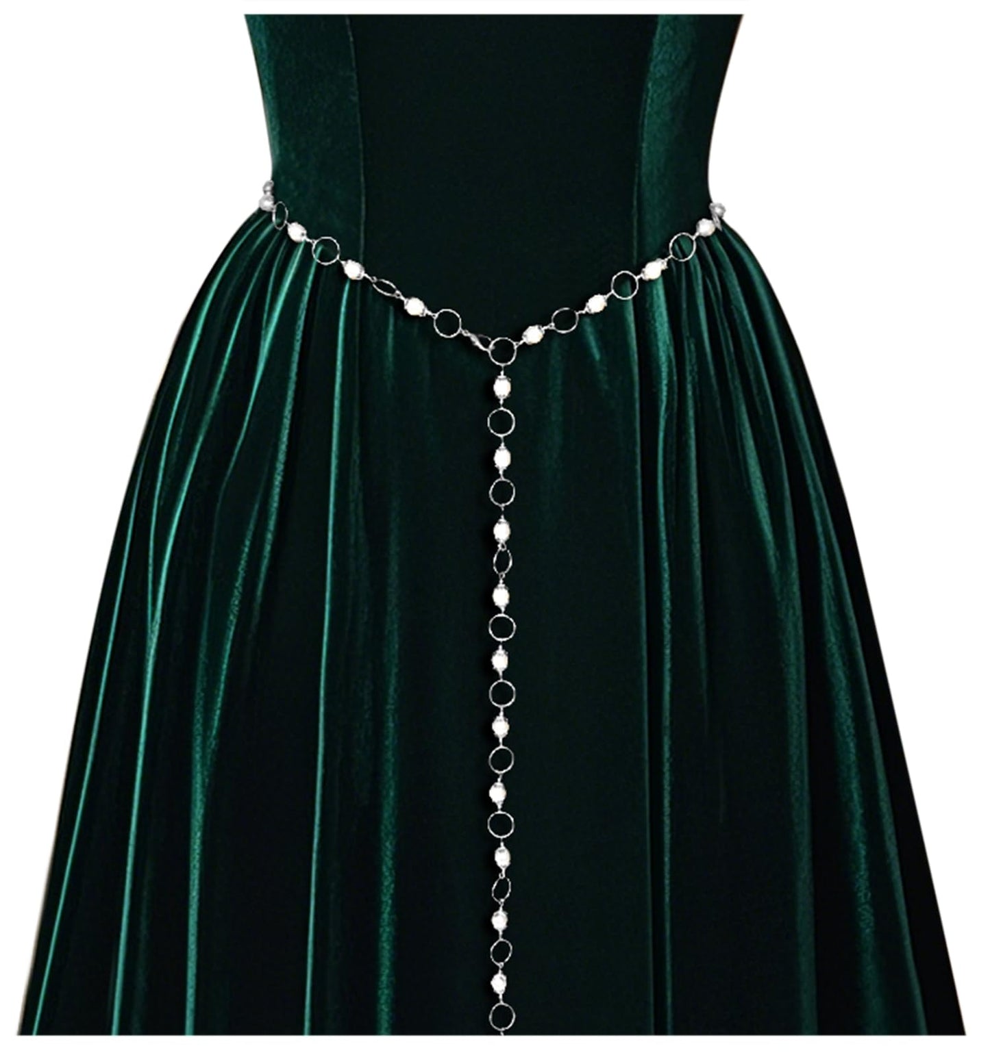 L'VOW Women's Renaissance Medieval Witch Belt - Silver Waist Chain With Concho Bead and Long Pearl for Dresses