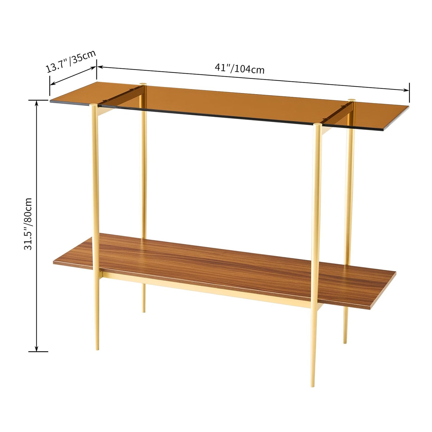 Saint Mossi 2-Tier Brown Console Table for Living Room, Modern Narrow Entryway Table, Glass Sofa Table for Hallway, Foyer, Corridor, Office, Brown Glass Top & Gold Frame, D41×H31xW13