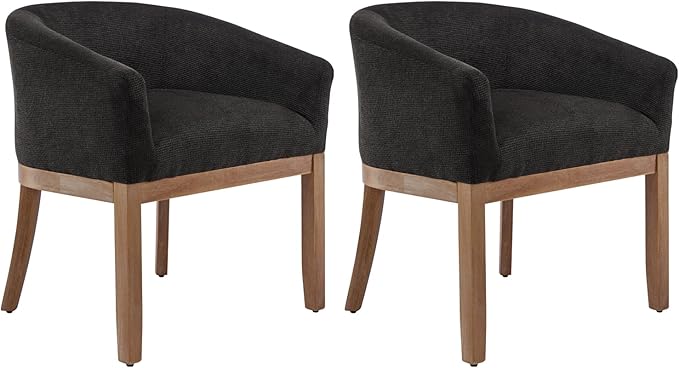 Shenyon Mid Century Modern Dining Chairs Set of 2, Upholstered Linen Fabric Dining Room Chairs with Arms and Solid Wood Legs, Comfy Barrel Accent Chairs for Dining Room, Living Room, or Cafe,Black