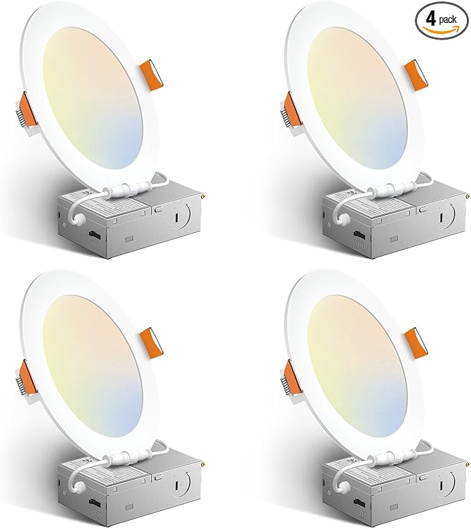 Amico 4 Pack 6 Inch 5CCT Ultra-Thin LED Recessed Ceiling Light with Junction Box, 2700K/3000K/3500K/4000K/5000K Selectabl...