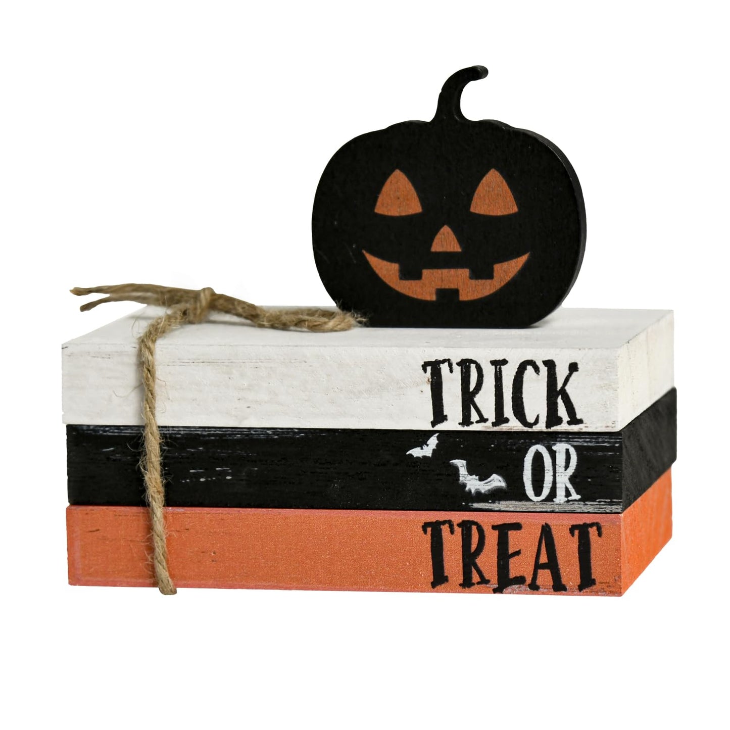 Smile Happy Halloween Wooden Stack, Pumpkin Mini Faux Books Bundle, Trick or Treat Tiered Tray Decorations, Indoor Decor for Kitchen Bathroom and Home Table Shelf