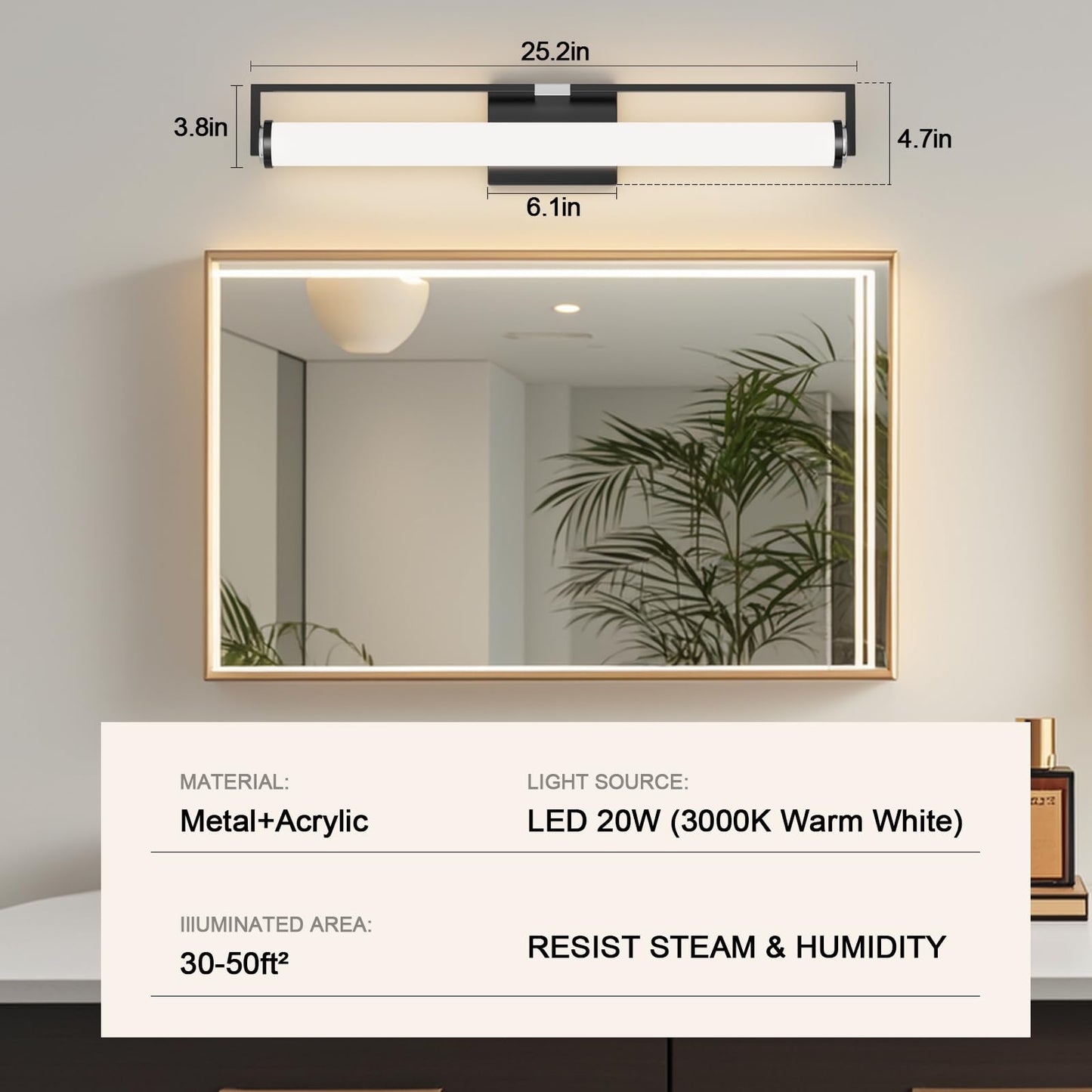 Modern Black Vanity Light Fixtures for Bathroom, 25.2 inch LED Wall Mounted Light Over Mirror, 20W, 3000K Warm White, Energy-Saving, 360°Illumination, for Sink, Powder Room, Bedroom, Makeup Area