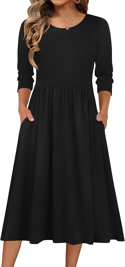 Zeagoo 3/4 Sleeve Women's Dress Casual Flowy A-Line Midi Tshirt Dresses with Pockets Crewneck Vocation Boho Beach Sundress