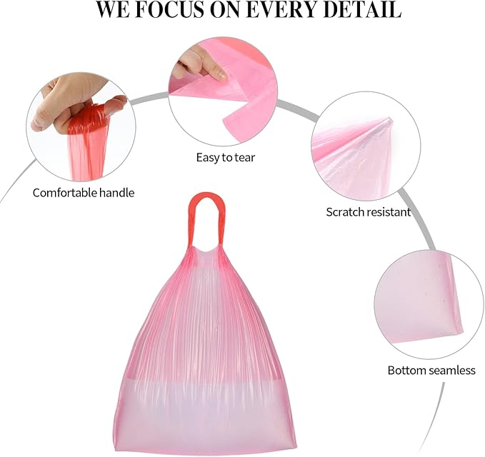 6Rolls Drawstring Small Trash Bags,4 Gallon Thicken Drawstring Small Garbage Bags for Kitchen,Bathroom,Bedroom,Home,Office Trash Cans，120 Counts (Pink)