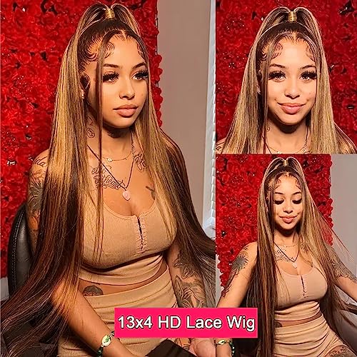 Ombre Lace Front Wigs Human Hair 13x4 HD Straight Lace Front Wigs 4/27 Honey Blonde Lace Front Wig Human Hair 180% Density Glueless Wigs Human Hair Pre Plucked (24 Inch)