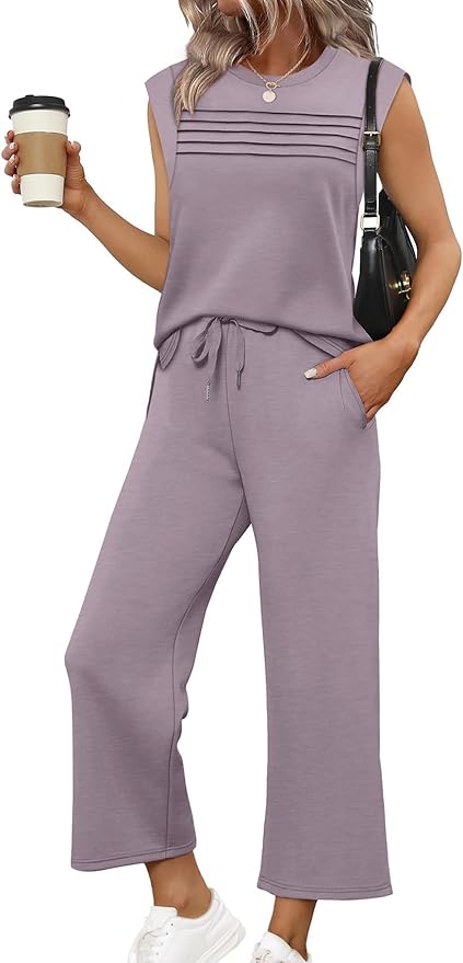 WIHOLL 2 Piece Sets for Women Summer Lounge Sets Travel Vacation Outfits Cap Sleeve Sweatsuit Side Slit Wide Leg Pants S-3XL
