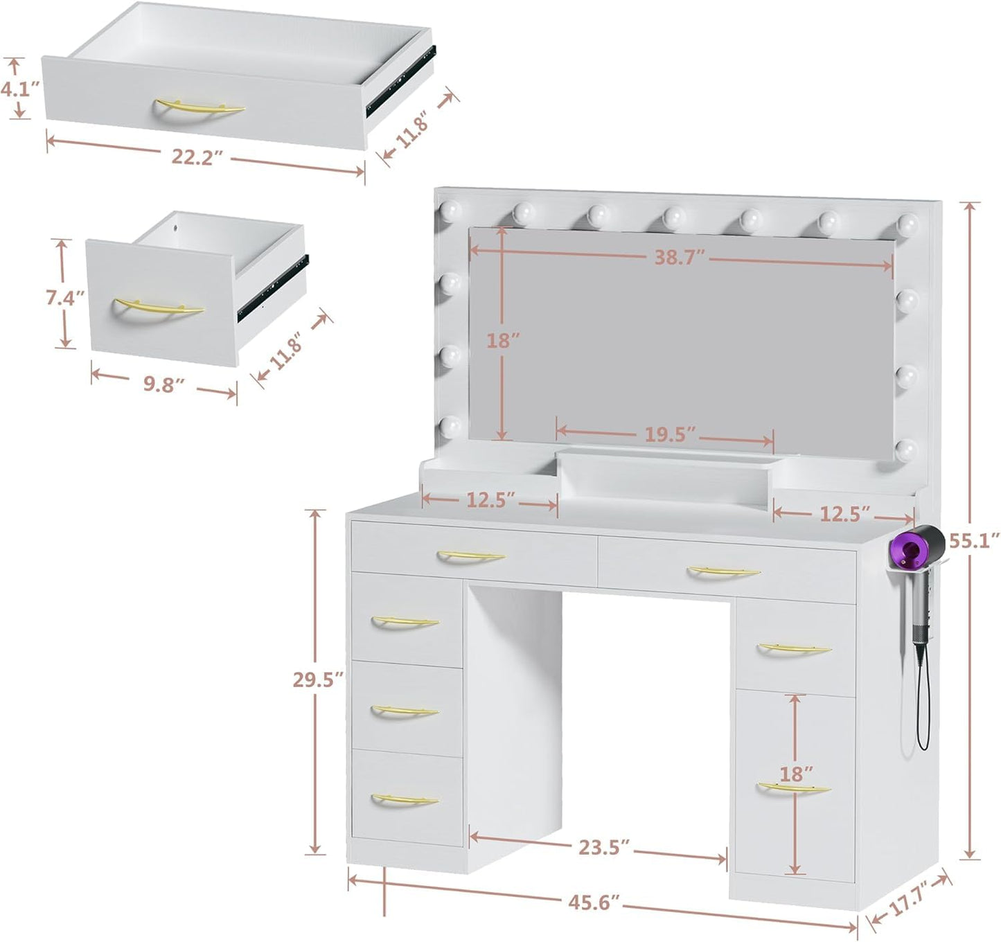 ALEXNUTRE Vanity Desk with Mirror and Lights, Makeup Vanity with Outlets & Large Mirror & 6 Drawers,White Vanity with 3-Color Adjustable Lighting, Makeup Vanity for Bedroom