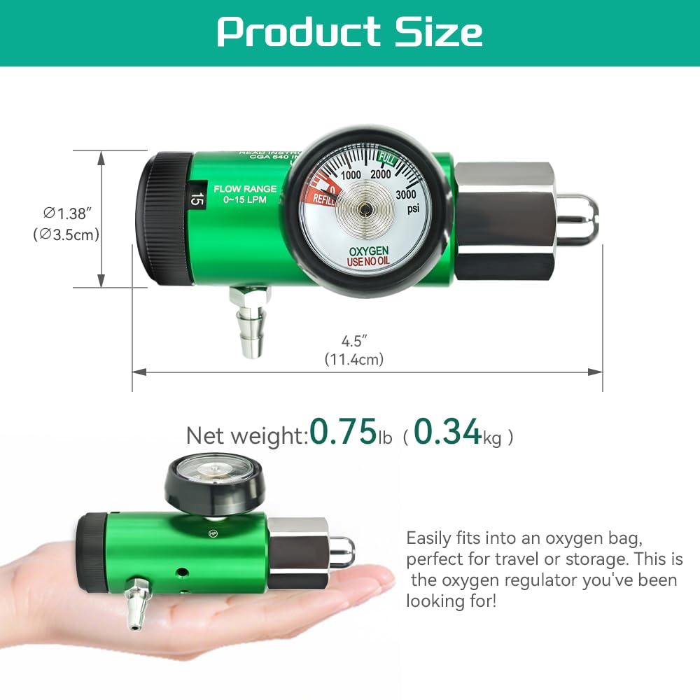 Oxygen Regulator for Oxygen Tank CGA540 Connection, Adjustable Flow 0-15 LPM, Brass Sleeve Design Portable Oxygen Tank Regulator for Home and Outdoor Use