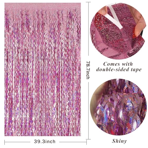 Pink Streamers Fringe Backdrop Tinsel Foil Fringe Curtains Wavy Backdrop for Parties Sparkle Metallic Wavy Foil Fringe Bac...
