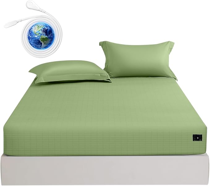CHALTOUL Grounding Sheets Twin Size Premium Cotton for Healthy Sleep Therapy, Deep Pocket Grounding Fitted Sheets Includes Grounding Cord (Sage Green, Twin -39"x75"x14")