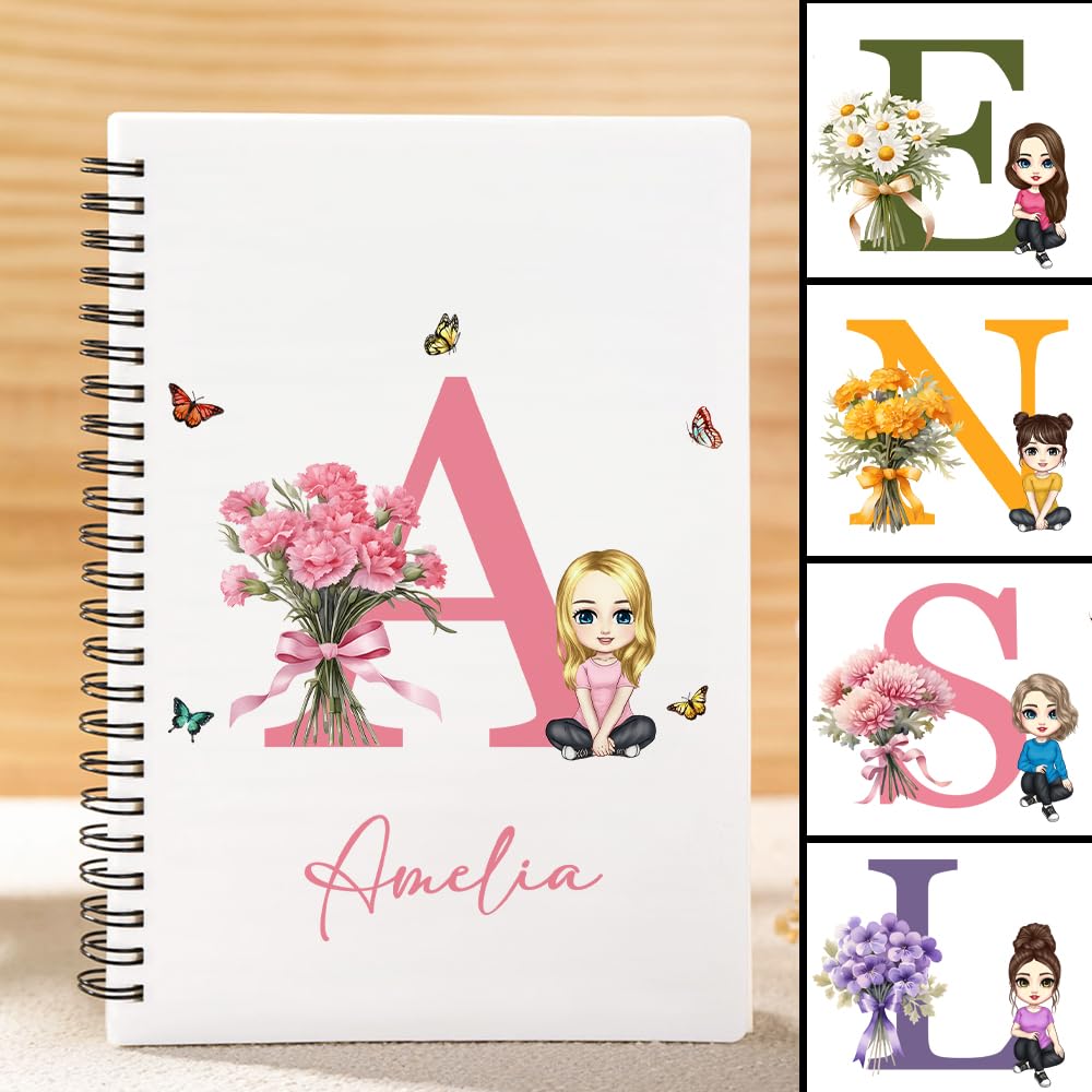 callie Personalized Notebook for Women kid, Custom Cartoon Character Birth Flower Bouquet Name A5 Spiral Notebook with 120 Lined Pages and Initial, Birthday Journal Gift for Women