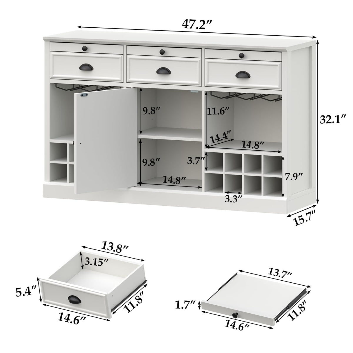 Loomie Wine Bar Cabinet with Pull-Out Trays & Drawers, Liquor Cabinet with Wine Rack & Stemware Holder, Coffee Bar Cabinet with Door & Adjustable Shelf, Kitchen Buffet Cabinet for Home Pub (White)