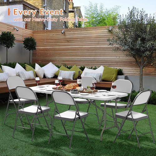 Elevon Folding Table Set with 6 White Folding Chairs,6 Feet Heavy Duty Fold-in-Half Utility Table Sets for Picnic, Event, ...