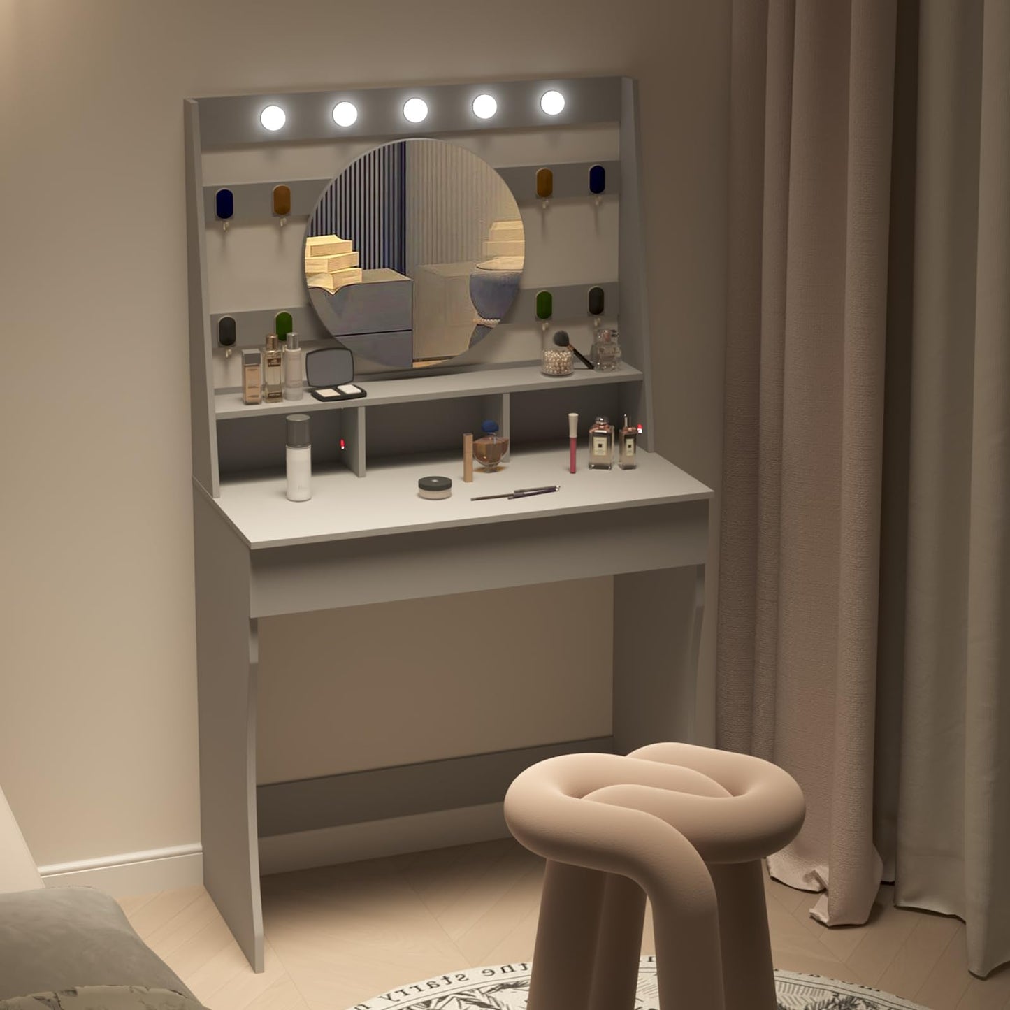 HedoAjim Vanity Desk with Lights, Makeup Table with Mirror, Dressing Table with 5 Hollywood Bulbs, 3 Adjustable Lighting Colors, Small Vanity Desk for Bedroom (Grey)