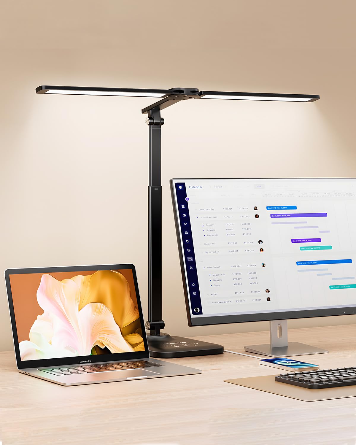 CHARYJOD LED Desk Lamp for Office Home, Height Adjustable Architect Desk Light with USB Adapter, Stepless Dimming Table Lamp Light for Reading, Study, Workbench